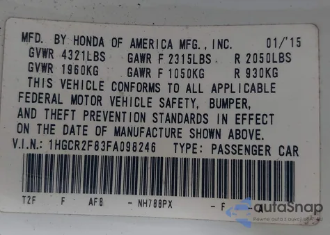 2015 Honda Accord Ex-L from USA, damaged, VIN 1HGCR2F83FA098246